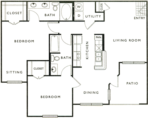 Floor plan for 2 beds, 2 baths, 1088 sqft